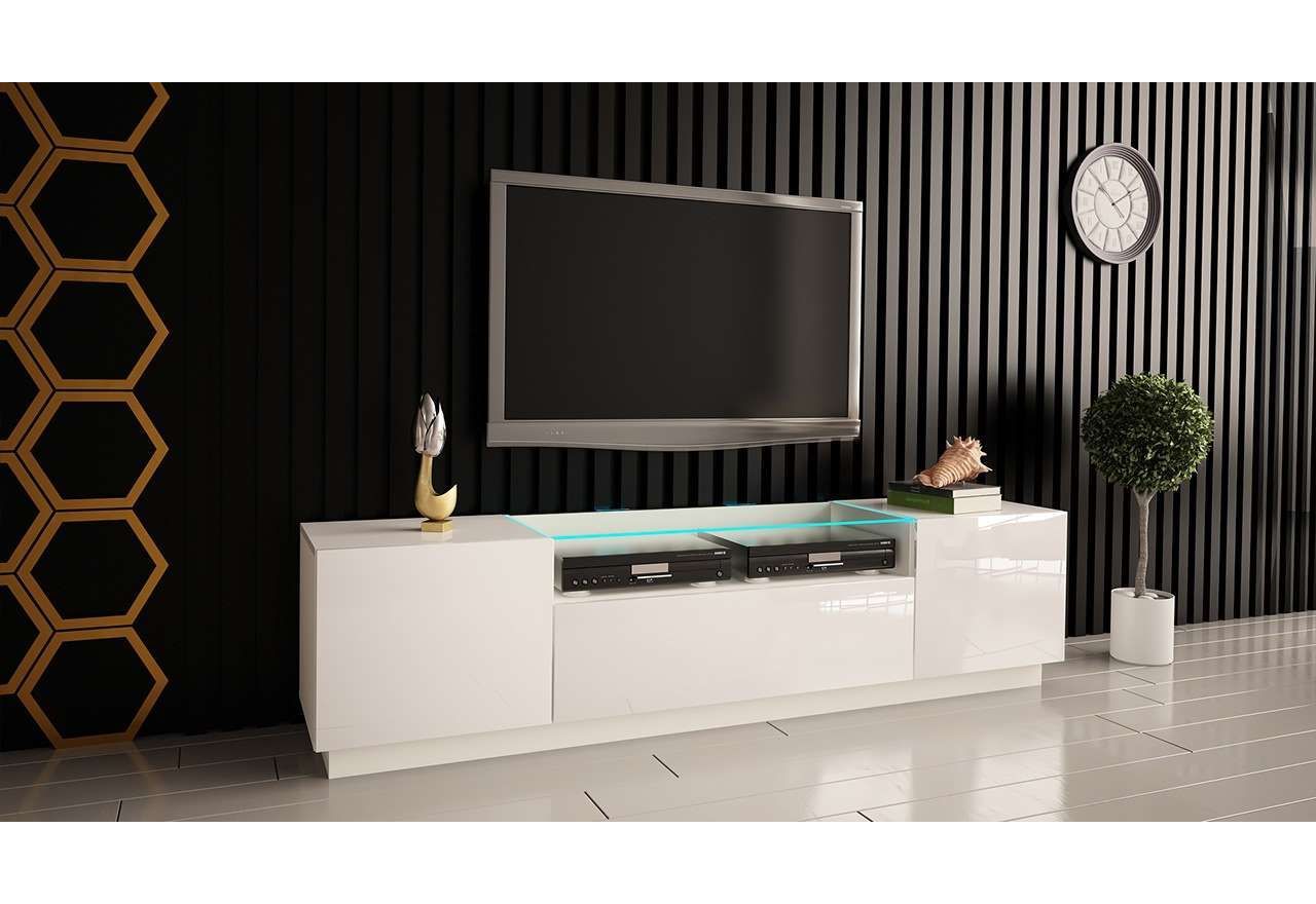 Nowoczesna szafka RTV w białym połysku, z przeszklonym blatem i oświetleniem LED do salonu - ESCADA 1