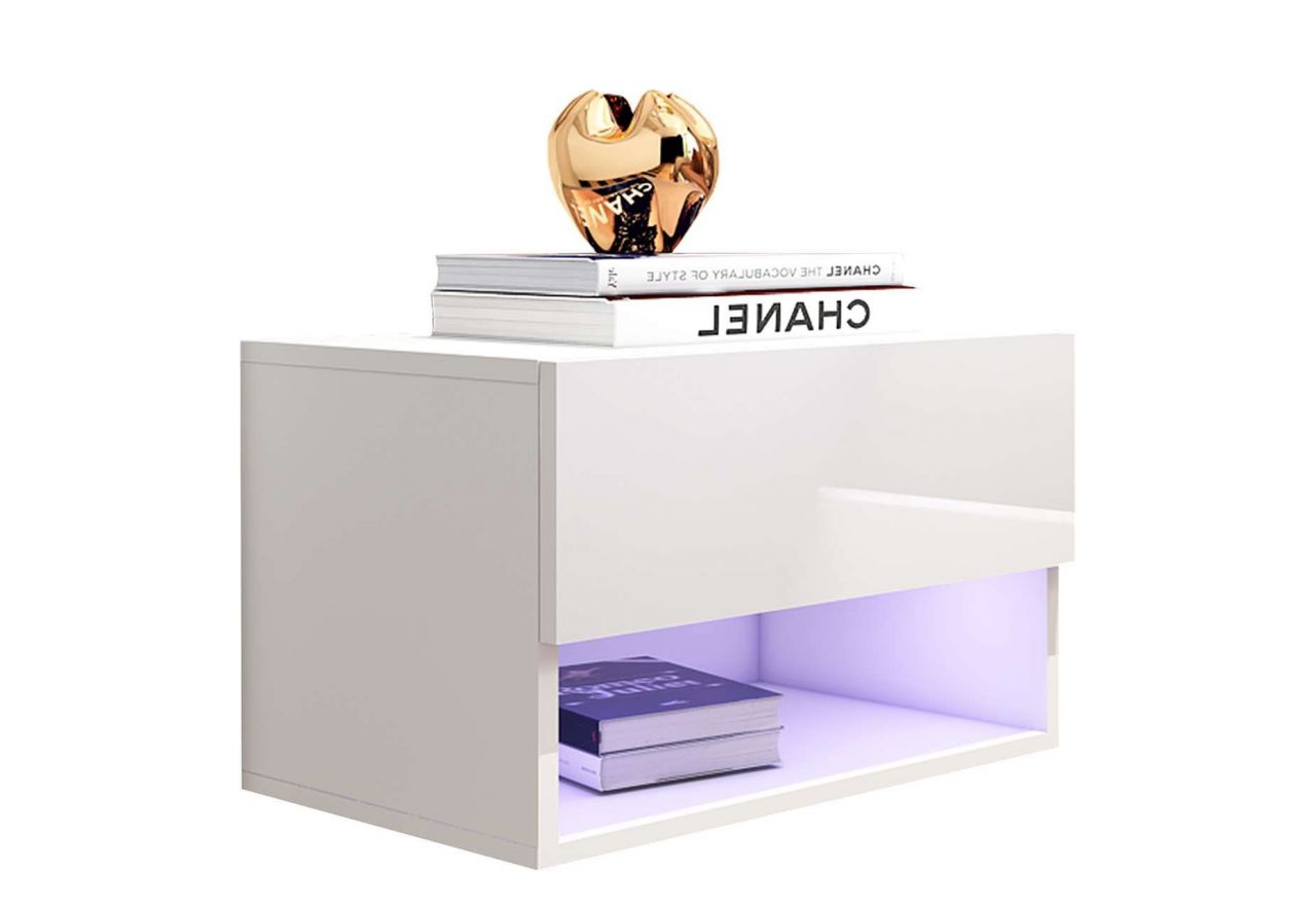 Wisząca, nowoczesna, biała szafka nocna z szufladą i wielobarwnym oświetleniem LED - PORI 1