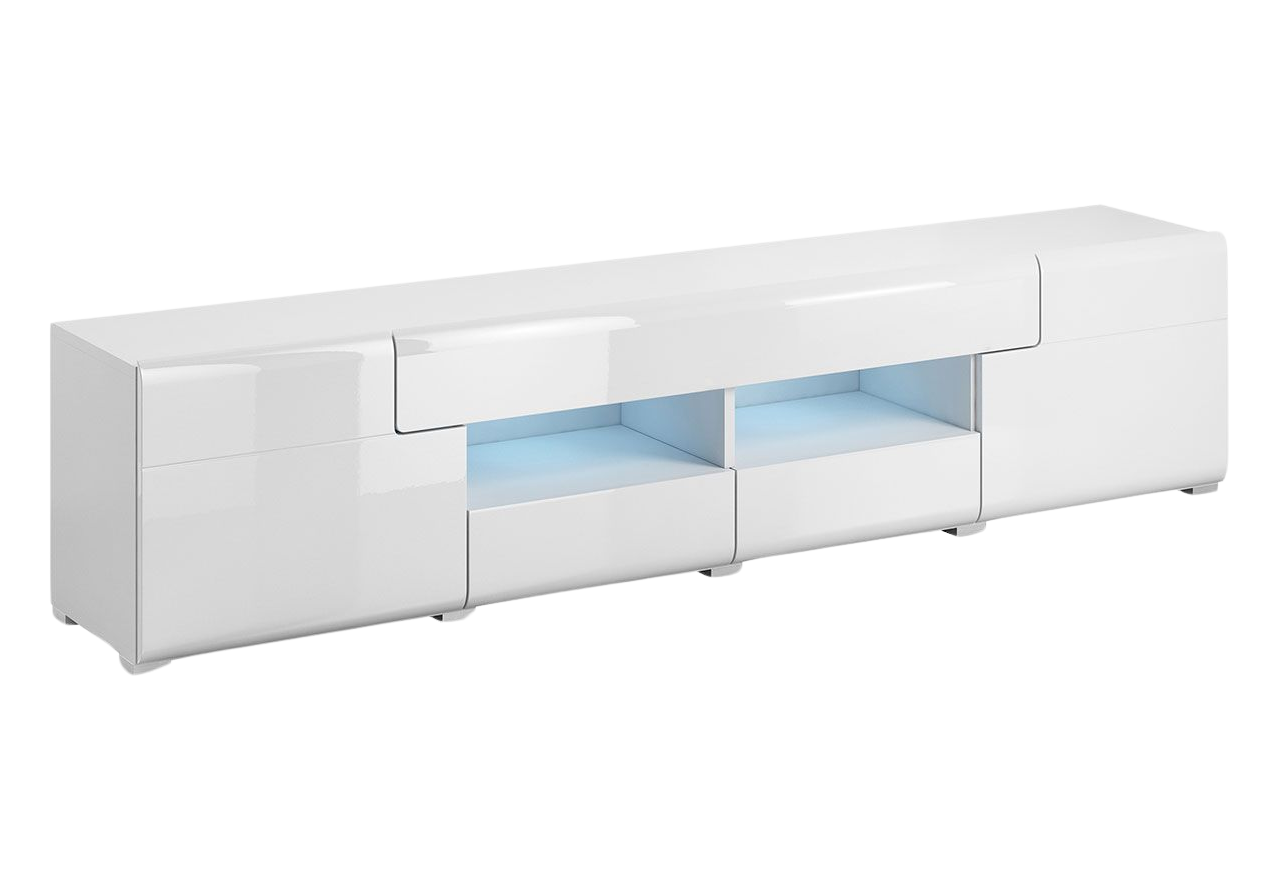 Modny stolik RTV z dwiema szafkami i czterema szufladami ARONA biały z możliwością rozbudowy o oświetlenie LED