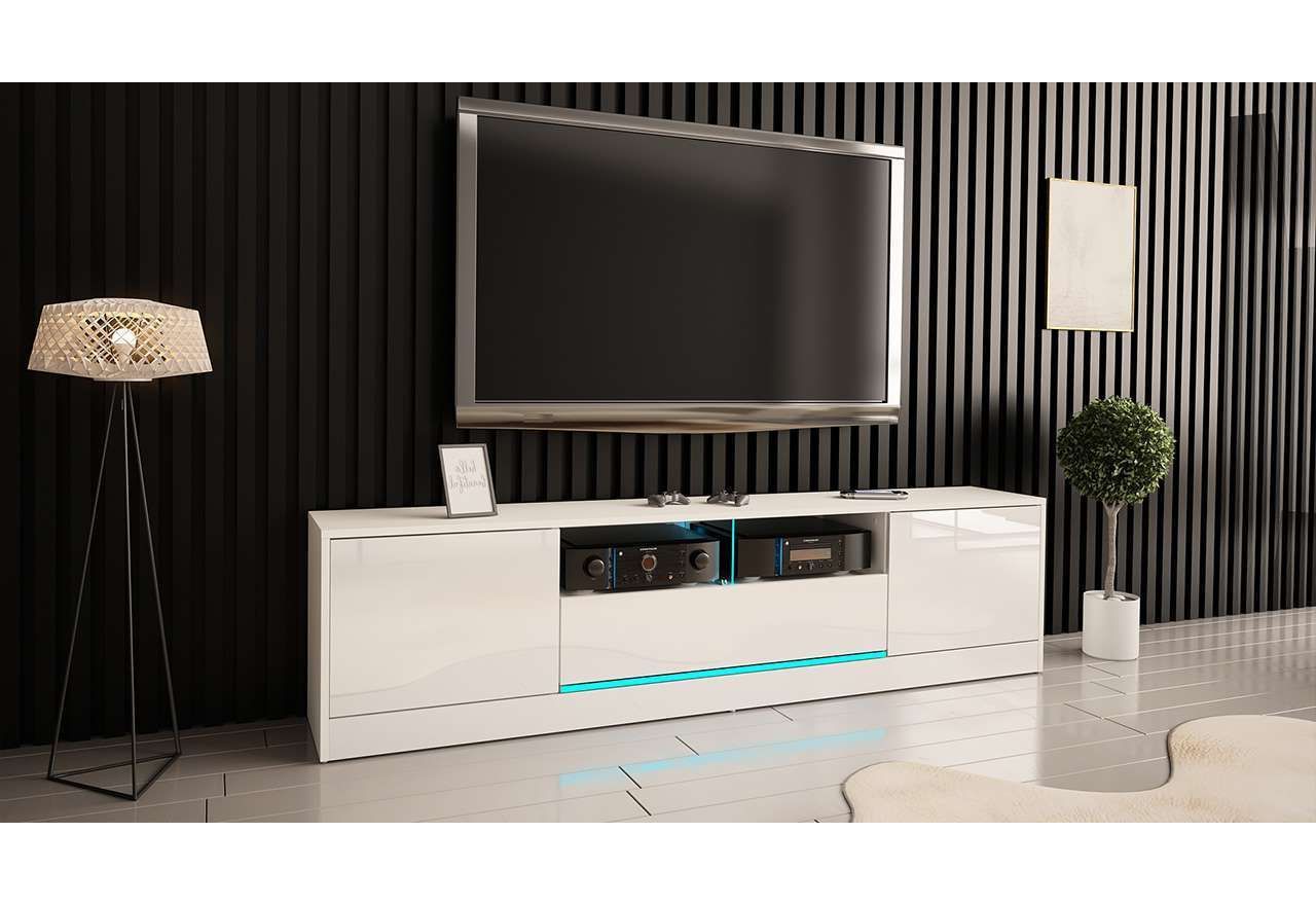 Szafka RTV 200 cm do salonu, z szufladą i oświetleniem LED, biały połysk - DONNA 2