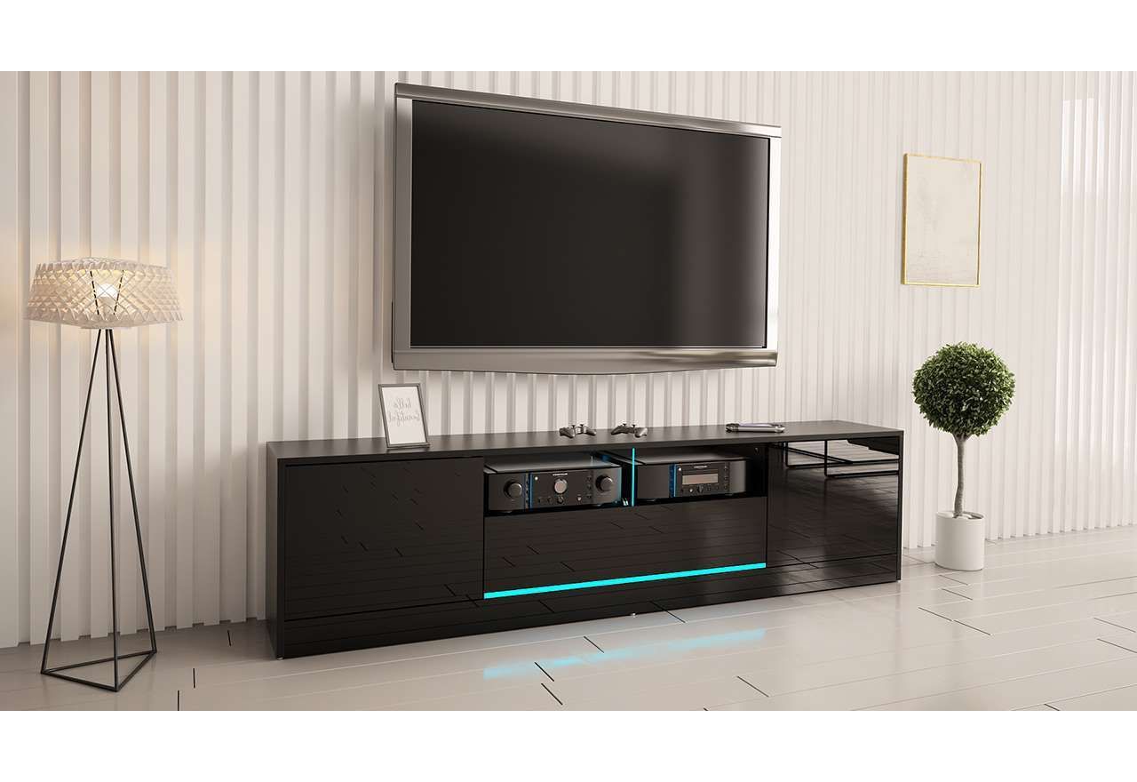 Praktyczna szafka RTV 200 cm w czarnym połysku, z szufladą i oświetleniem LED, idealna do salonu - DONNA 2