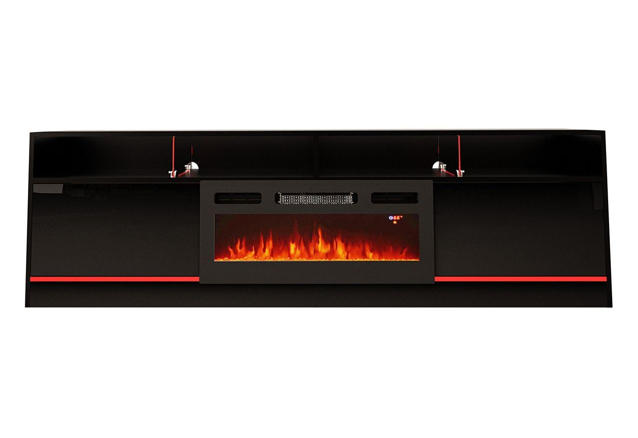 Czarna szafka RTV w połysku z kominkiem elektrycznym, oświetleniem LED i szafkami do salonu - DONNA 5