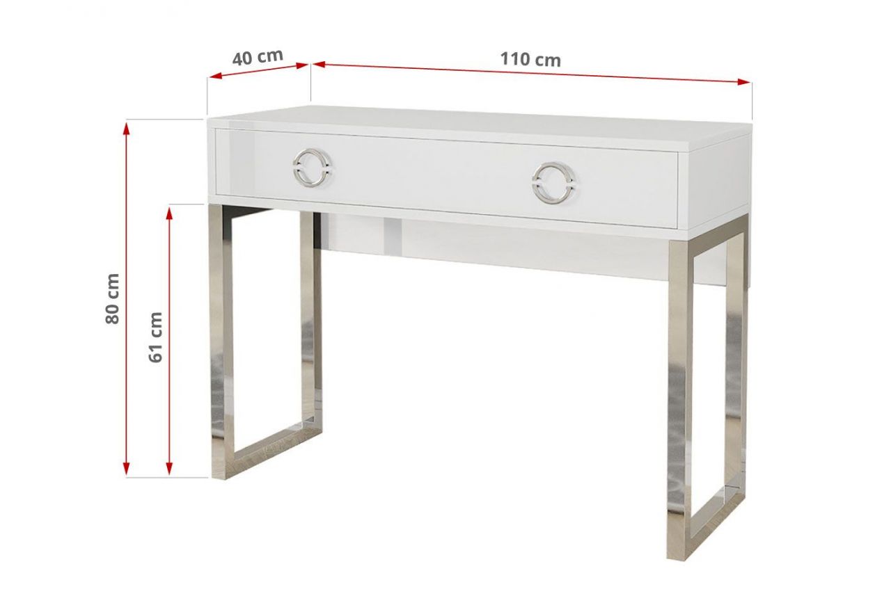 Biurko w stylu glamour z metalowymi nogami i szufladami - MILANO / Biały połysk / Chrom