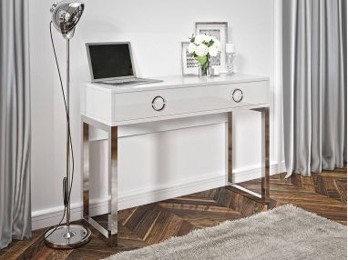 Biurko w stylu glamour z metalowymi nogami i szufladami - MILANO / Biały połysk / Chrom