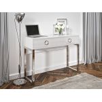 Biurko w stylu glamour z metalowymi nogami i szufladami - MILANO / Biały połysk / Chrom