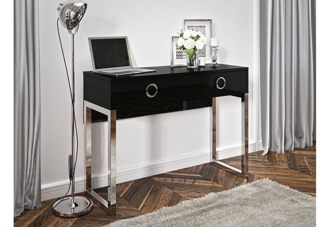 Eleganckie biurko z metalowymi nogami i szufladami w stylu glamour - MILANO / Czarny połysk / Chrom