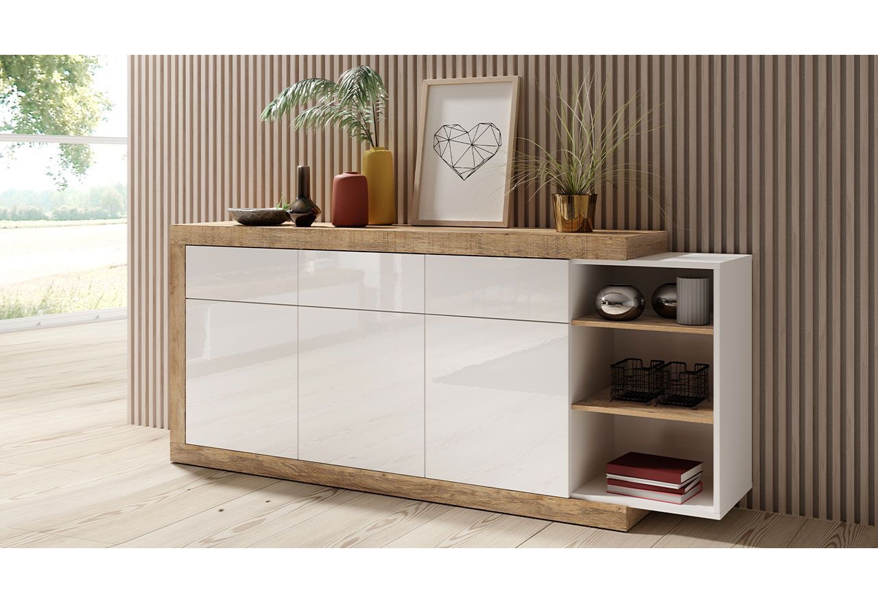 Trzydrzwiowa komoda z szufladami w nowoczesnym stylu do pokoju - SERPA Dąb Samdal / Biały połysk