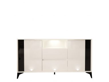 Funkcjonalna komoda z szufladami, z frontami w białym połysku i oświetleniem LED do salonu - RIVET 3