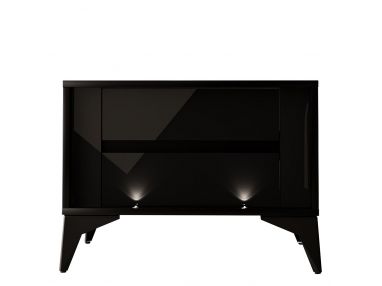 Designerski stolik nocny w czarnym połysku do sypialni, z oświetleniem LED i dwiema szufladami - RIVET 4