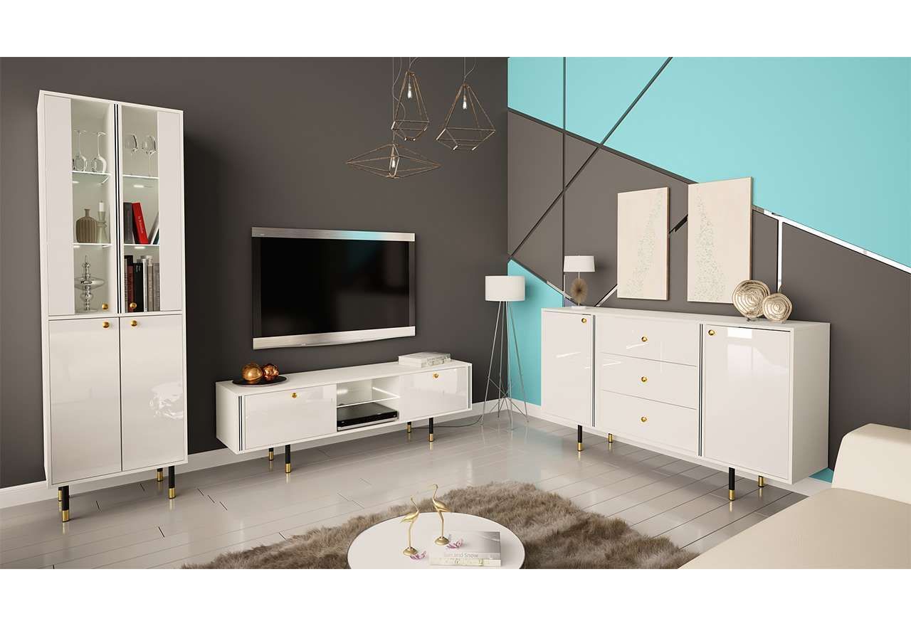 Elegancka komoda 160 cm z szufladami, metalowymi nóżkami, w białym połysku do salonu lub sypialni - AMARE 2