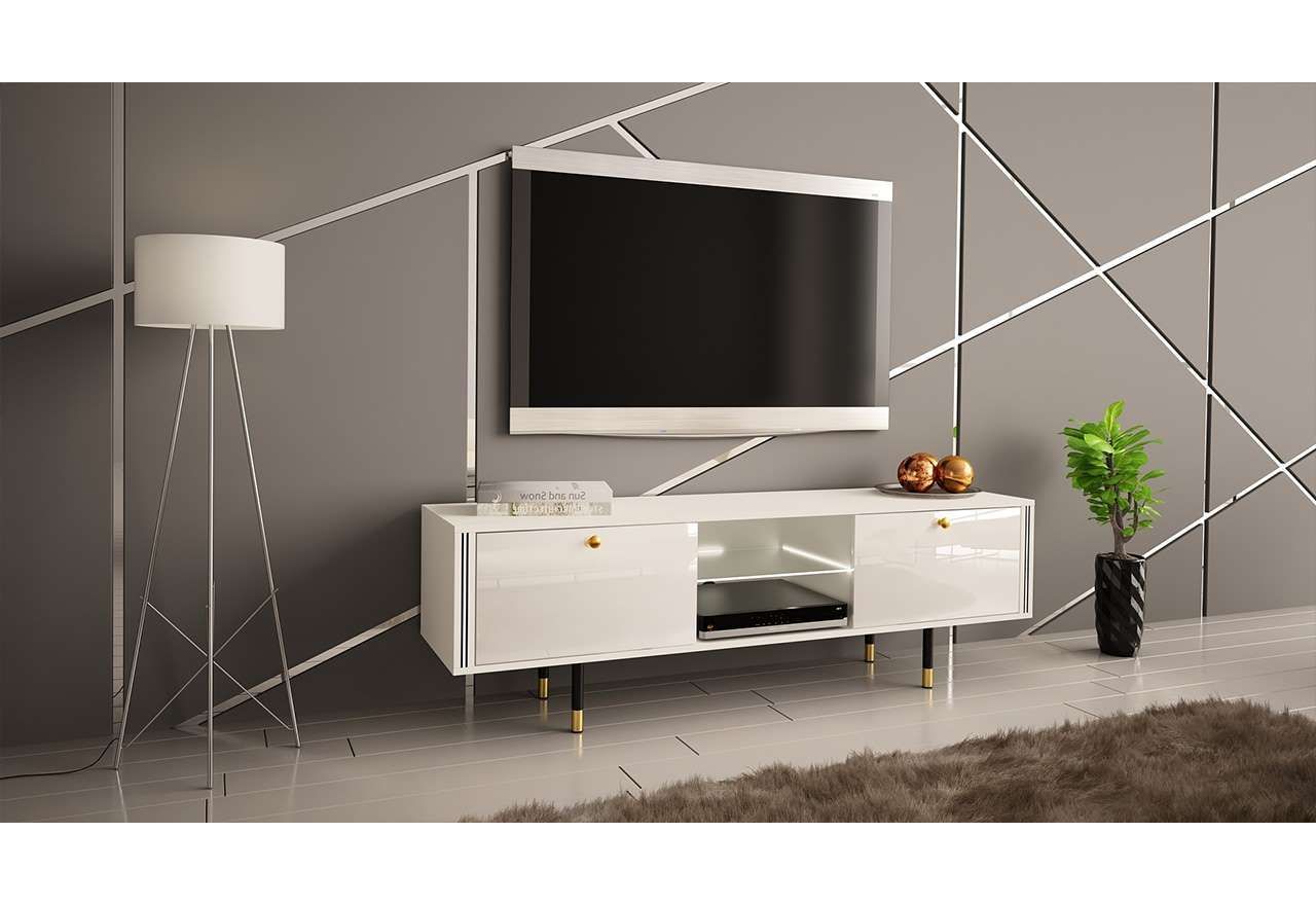 Luksusowa szafka RTV 160 cm w białym połysku do salonu, z metalowymi nóżkami z imitacją złota - AMARE 1