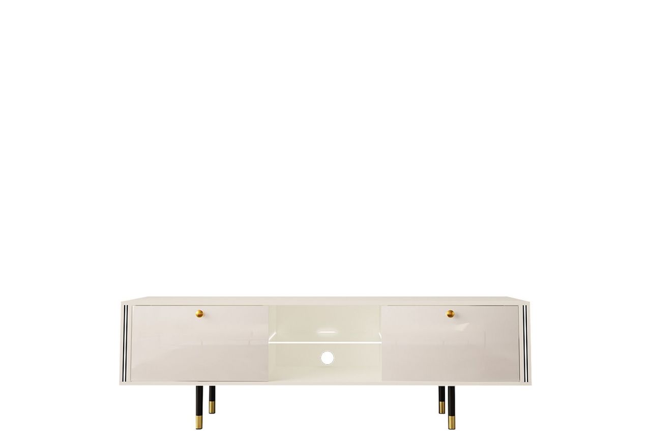 Luksusowa szafka RTV 160 cm w białym połysku do salonu, z metalowymi nóżkami z imitacją złota - AMARE 1