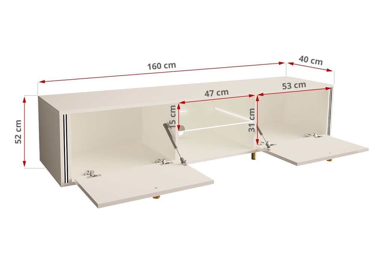 Luksusowa szafka RTV 160 cm w białym połysku do salonu, z metalowymi nóżkami z imitacją złota - AMARE 1