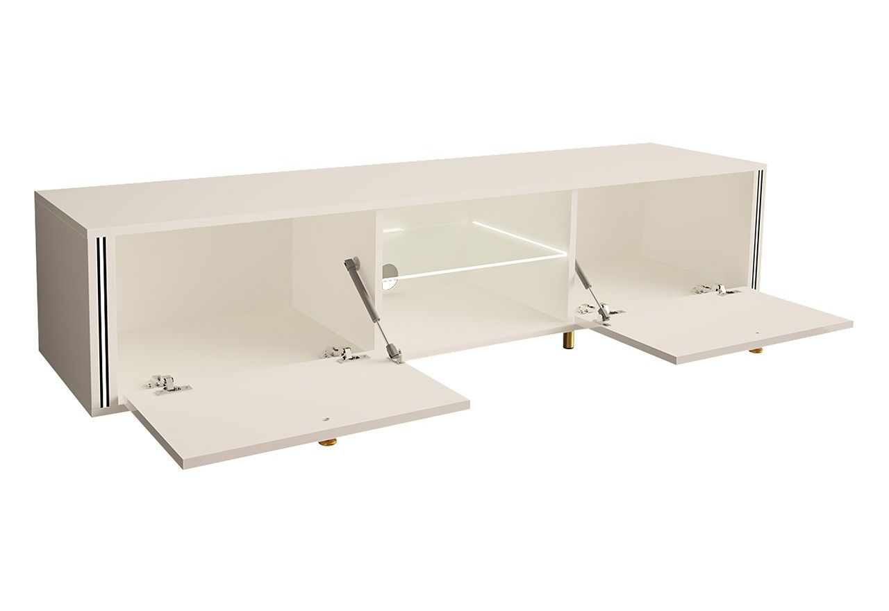 Luksusowa szafka RTV 160 cm w białym połysku do salonu, z metalowymi nóżkami z imitacją złota - AMARE 1