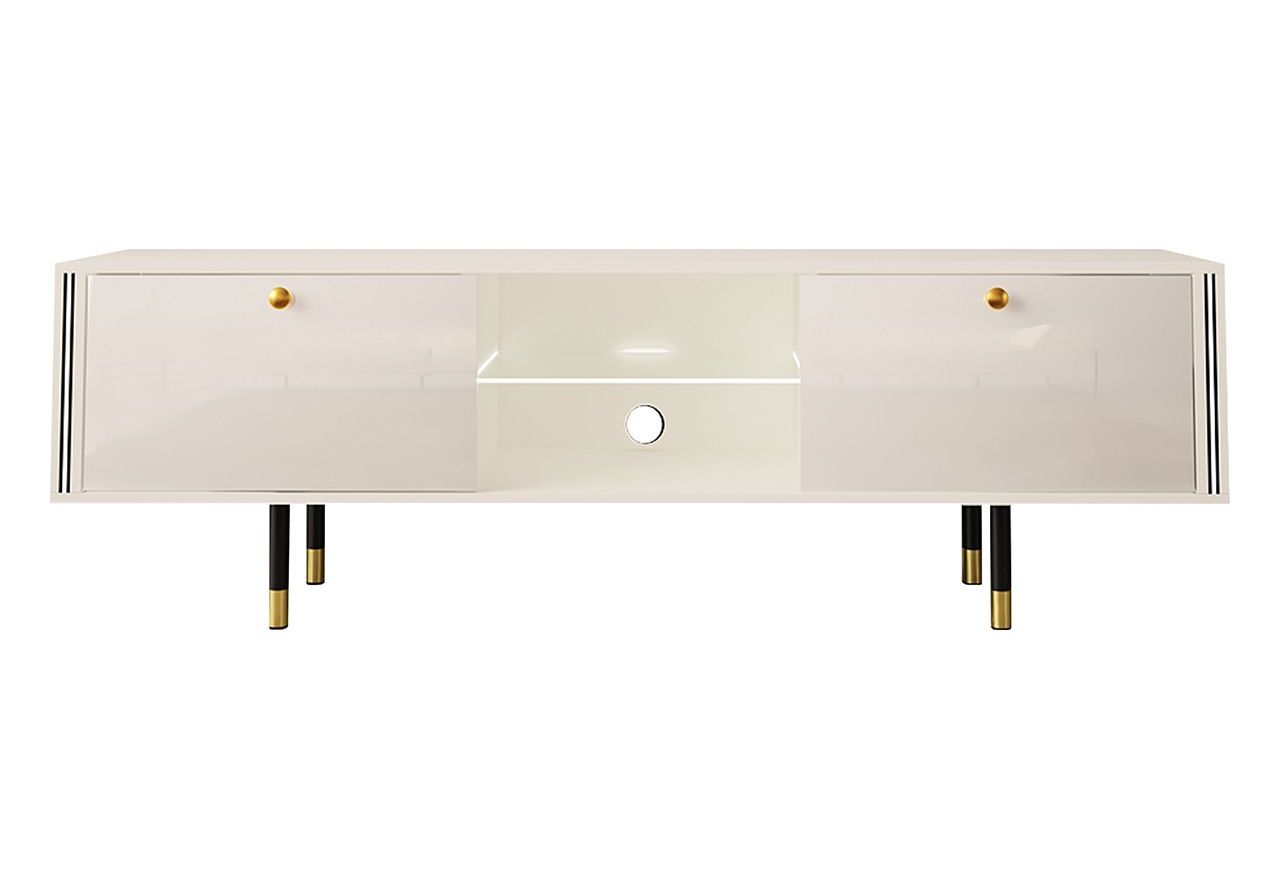 Luksusowa szafka RTV 160 cm w białym połysku do salonu, z metalowymi nóżkami z imitacją złota - AMARE 1