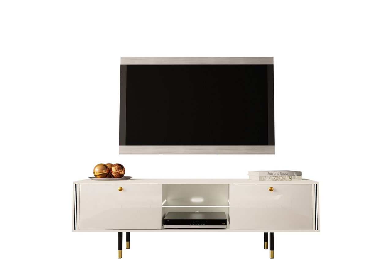 Luksusowa szafka RTV 160 cm w białym połysku do salonu, z metalowymi nóżkami z imitacją złota - AMARE 1