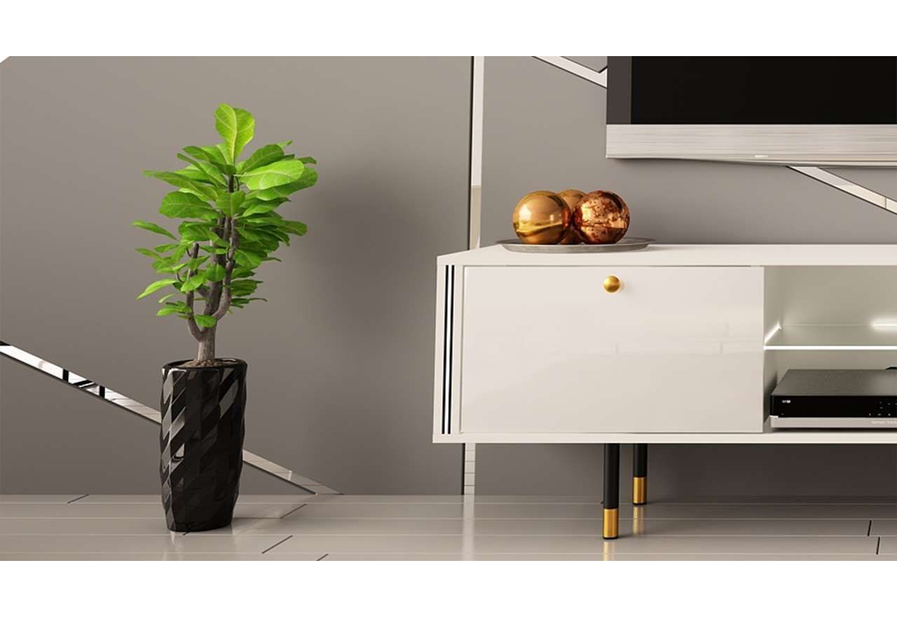 Luksusowa szafka RTV 160 cm w białym połysku do salonu, z metalowymi nóżkami z imitacją złota - AMARE 1