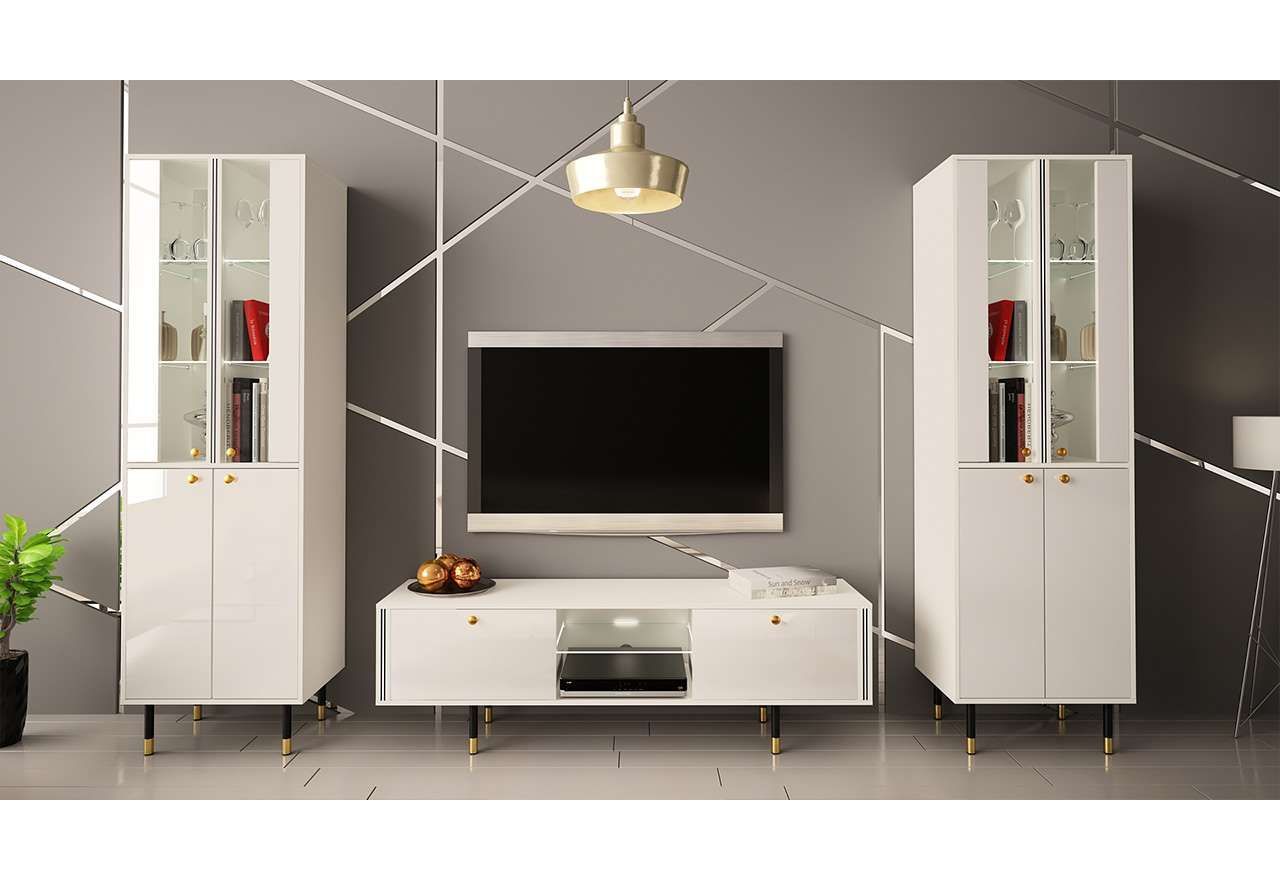 Luksusowa szafka RTV 160 cm w białym połysku do salonu, z metalowymi nóżkami z imitacją złota - AMARE 1
