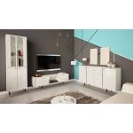 Luksusowa szafka RTV 160 cm w białym połysku do salonu, z metalowymi nóżkami z imitacją złota - AMARE 1