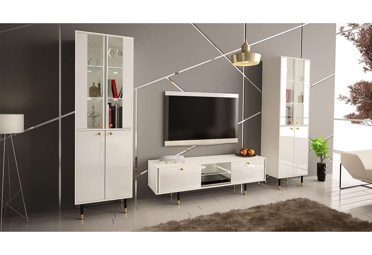 Luksusowa szafka RTV 160 cm w białym połysku do salonu, z metalowymi nóżkami z imitacją złota - AMARE 1