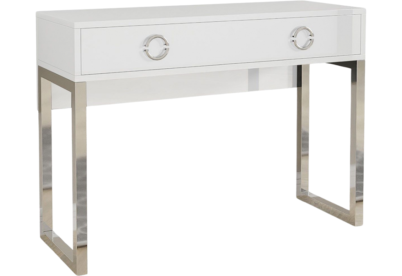 Biurko w stylu glamour z metalowymi nogami i szufladami - MILANO / Biały połysk / Chrom