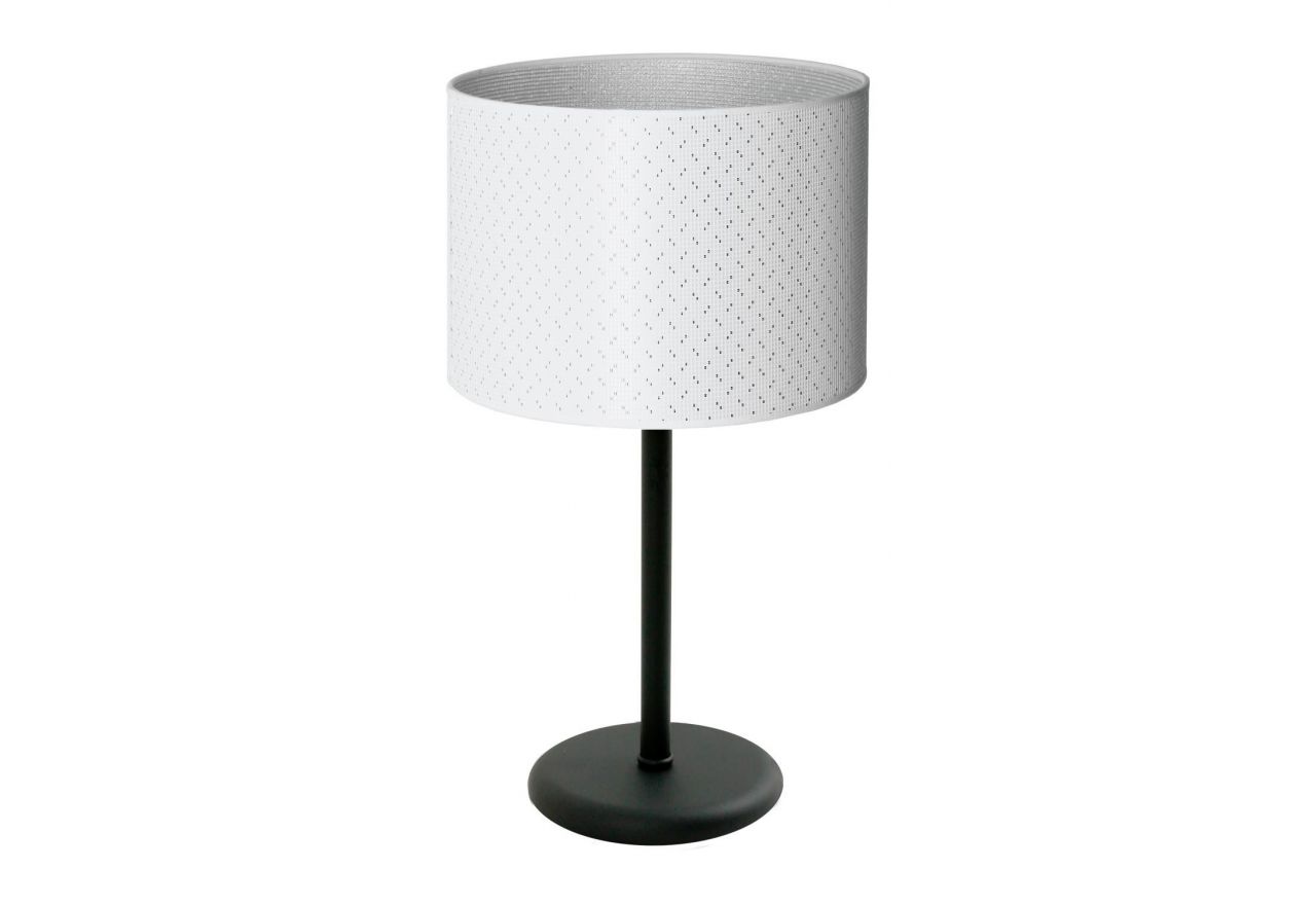 Prosta i elegancka mała lampka stołowa IRIS z białym abażurem i metalowym korpusem