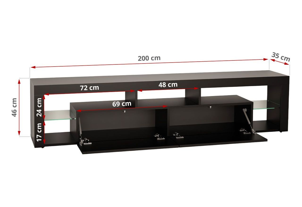Stojąca szafka RTV 200 cm w czarnym połysku do salonu, opcja wisząca, z oświetleniem LED  - REINER 7