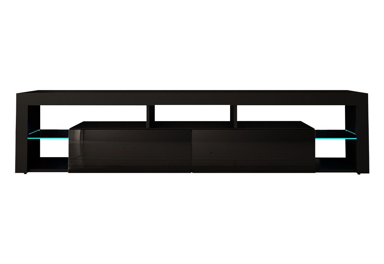 Stojąca szafka RTV 200 cm w czarnym połysku do salonu, opcja wisząca, z oświetleniem LED  - REINER 7