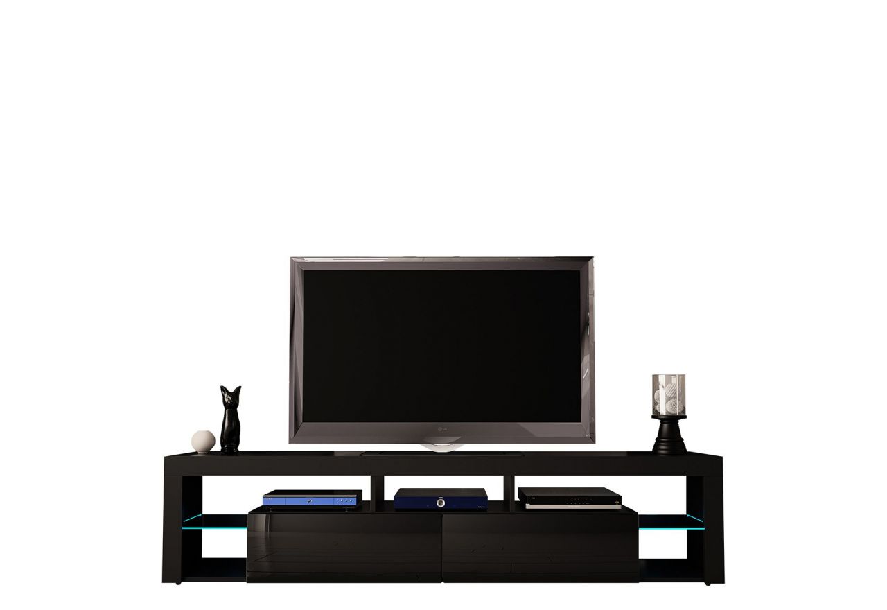 Stojąca szafka RTV 200 cm w czarnym połysku do salonu, opcja wisząca, z oświetleniem LED  - REINER 7