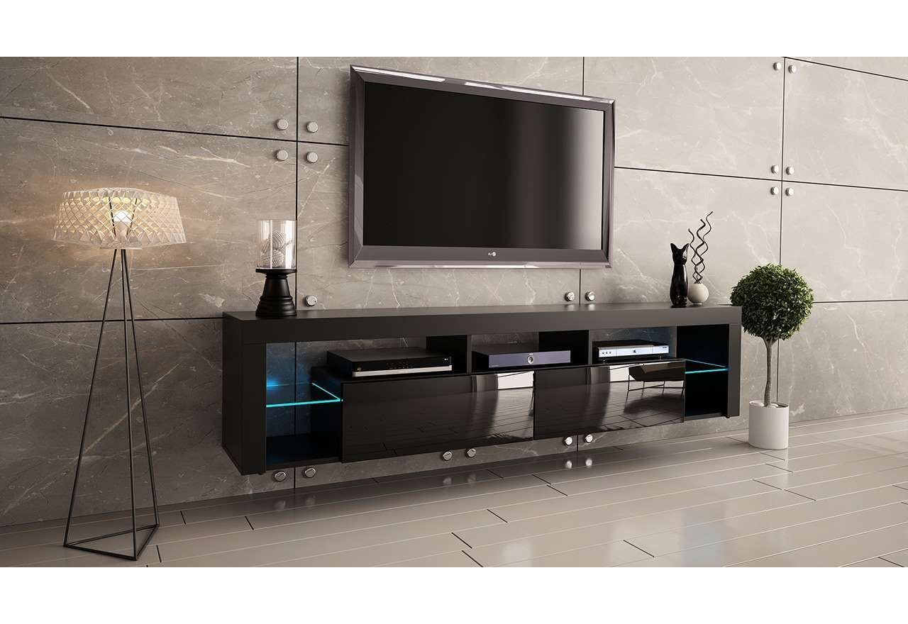 Stojąca szafka RTV 200 cm w czarnym połysku do salonu, opcja wisząca, z oświetleniem LED  - REINER 7