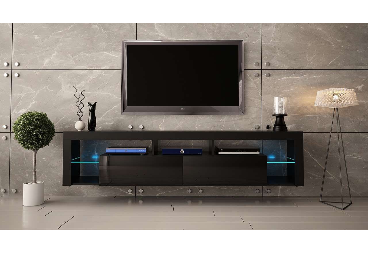 Stojąca szafka RTV 200 cm w czarnym połysku do salonu, opcja wisząca, z oświetleniem LED  - REINER 7