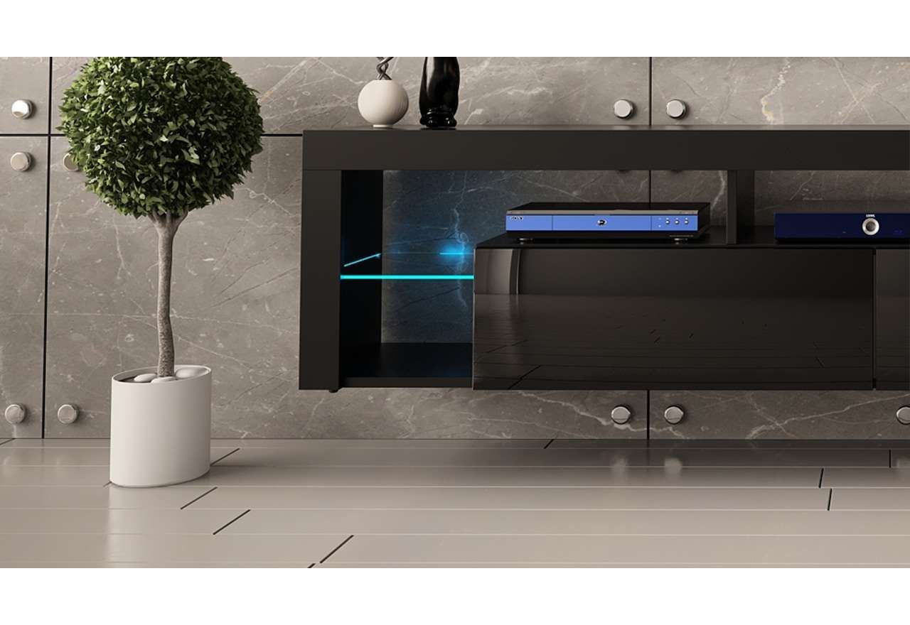 Stojąca szafka RTV 200 cm w czarnym połysku do salonu, opcja wisząca, z oświetleniem LED  - REINER 7
