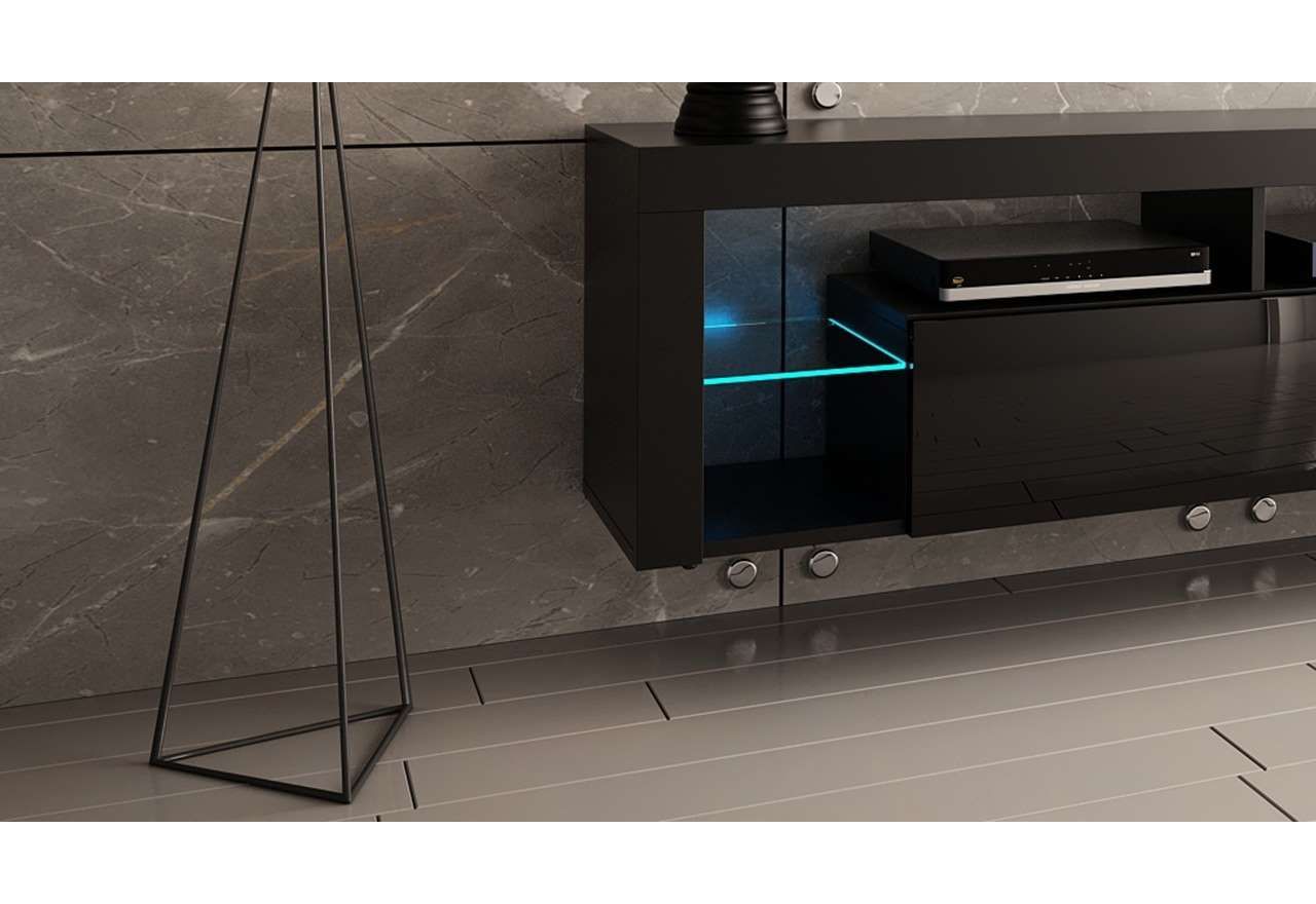 Stojąca szafka RTV 200 cm w czarnym połysku do salonu, opcja wisząca, z oświetleniem LED  - REINER 7