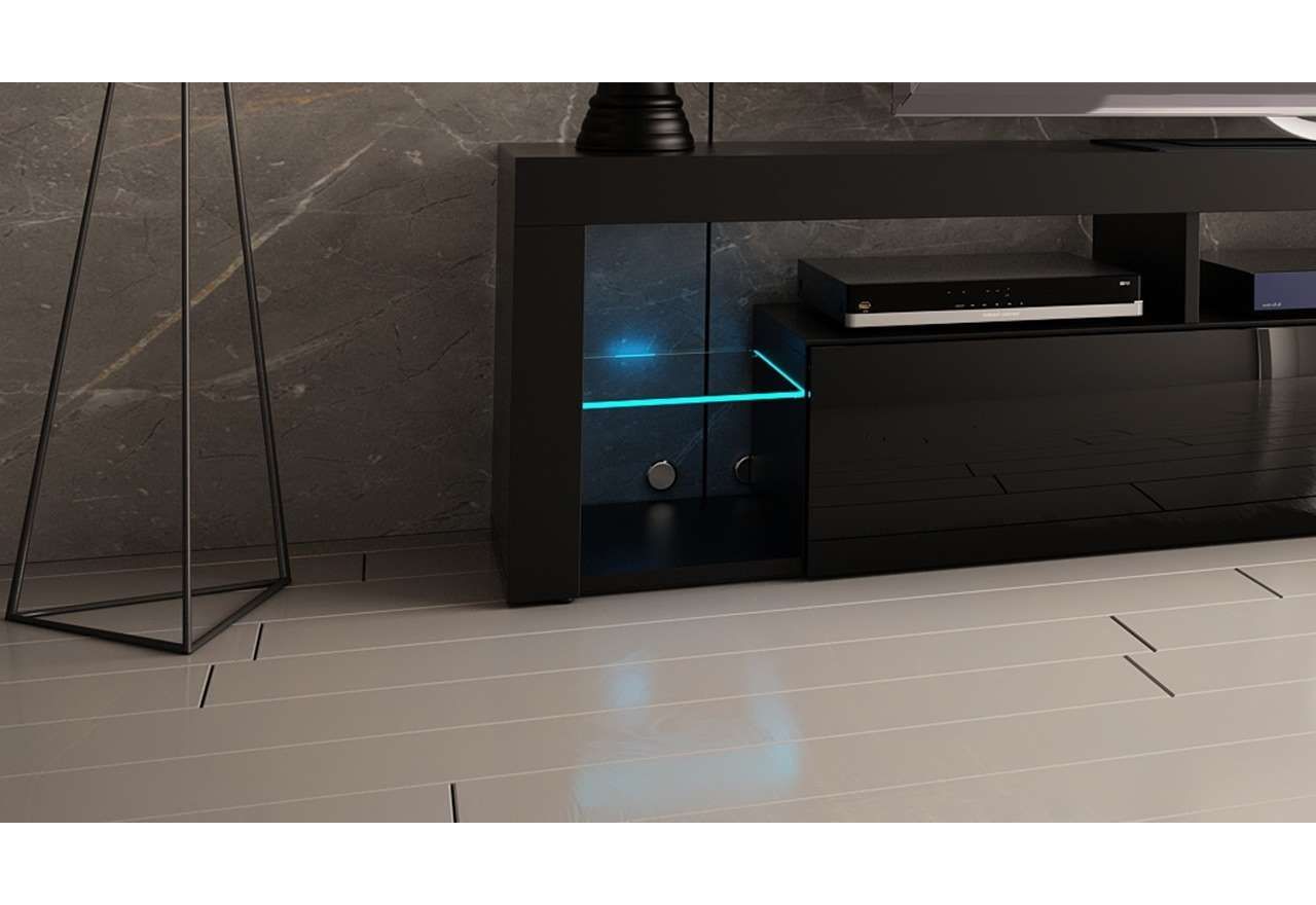 Stojąca szafka RTV 200 cm w czarnym połysku do salonu, opcja wisząca, z oświetleniem LED  - REINER 7