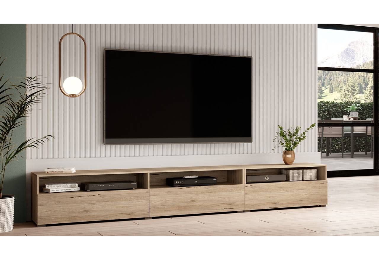 Praktyczna szafka RTV w nowoczesnym stylu, uniwersalna do salonu z opcją LED - BANIKA San Remo jasne