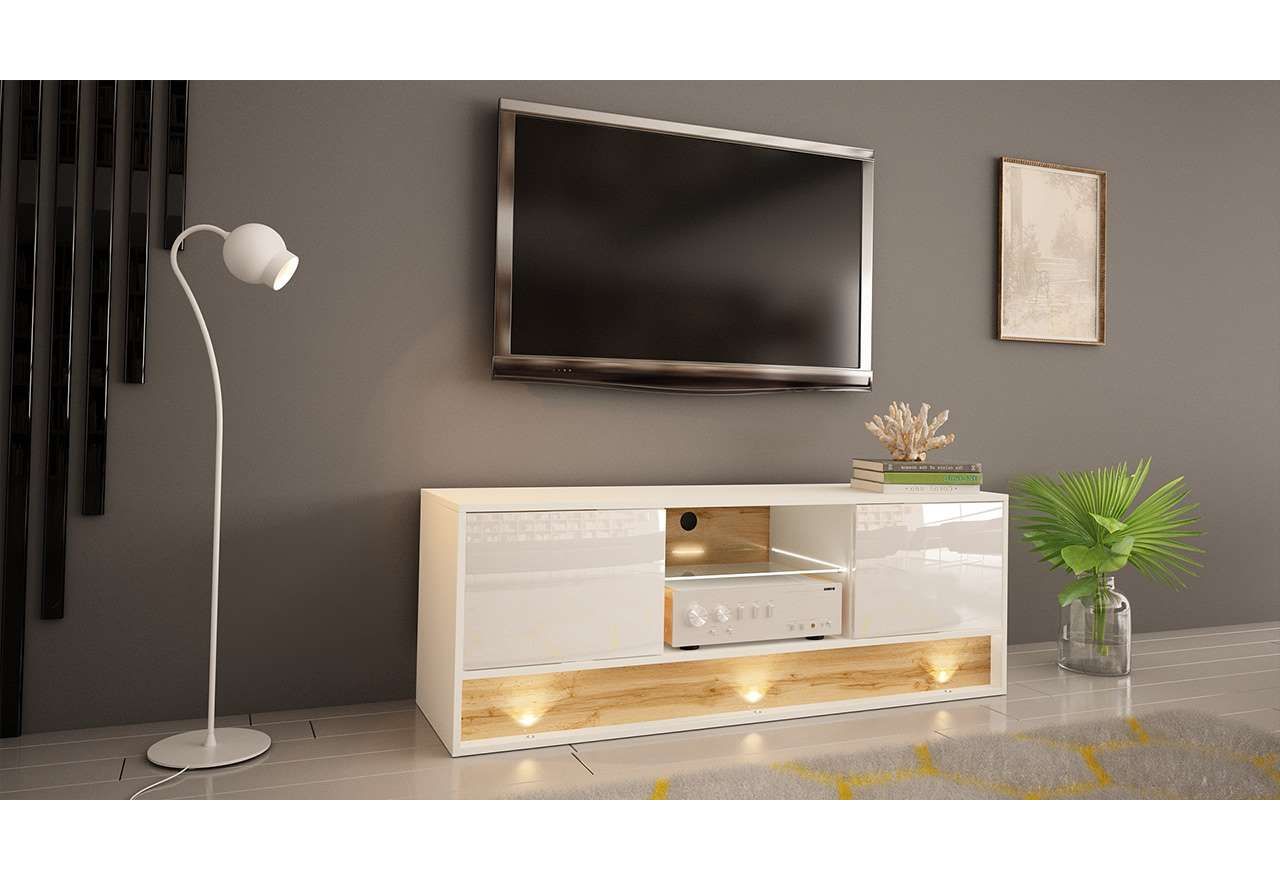 Mała, zgrabna, biała szafka RTV 140 cm w połysku do salonu, z oświetleniem LED białym - TENDER 3
