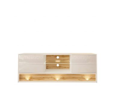 Mała, zgrabna, biała szafka RTV 140 cm w połysku do salonu, z oświetleniem LED białym - TENDER 3