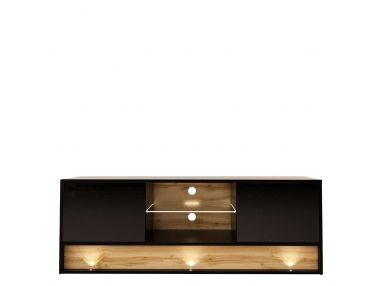 Czarna, praktyczna szafka RTV 140 cm do salonu, z dekorem drewna, w połysku i z oświetleniem - TENDER 3