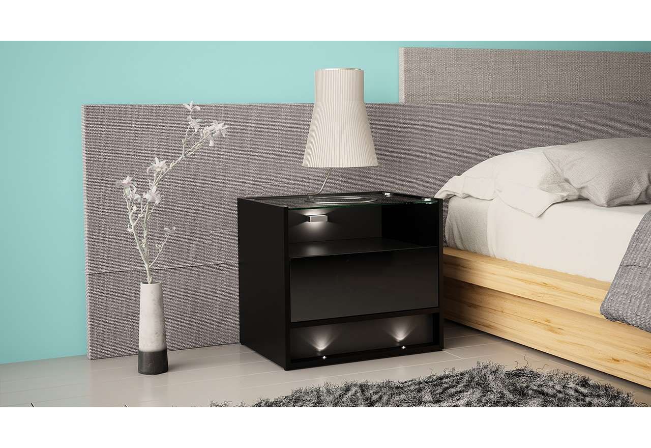 Modny, mały stolik nocny do sypialni w czarnym połysku, z oświetleniem LED w białym, zimnym kolorze - TENDER 5