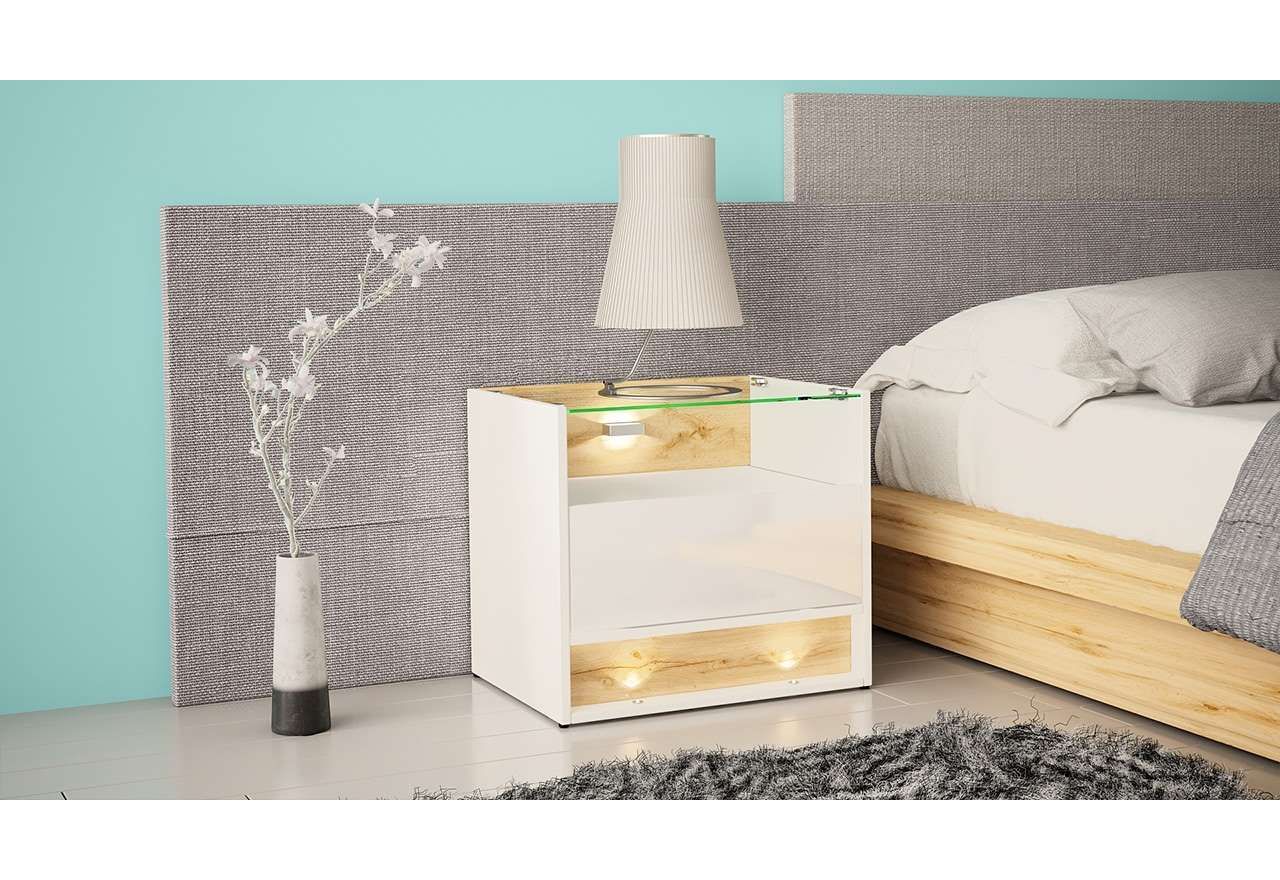 Stolik nocny z szufladą do sypialni, biały połysk z dekorem drewna i oświetleniem LED - TENDER 5