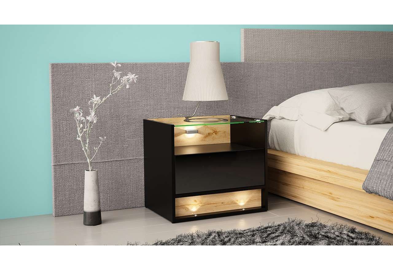 Funkcjonalny stolik nocny do sypialni, czarny połysk z drewnem, szufladą i oświetleniem - TENDER 5
