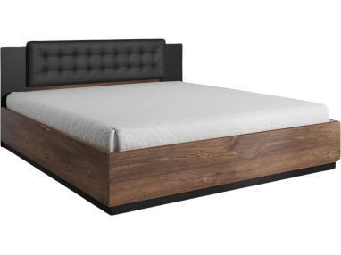 Wygodne łóżko dwuosobowe z tapicerowanym wezgłowiem i opcją wyboru materaca - SIROLO Dąb Flagstaf Ciemny - Czarny Supermatt