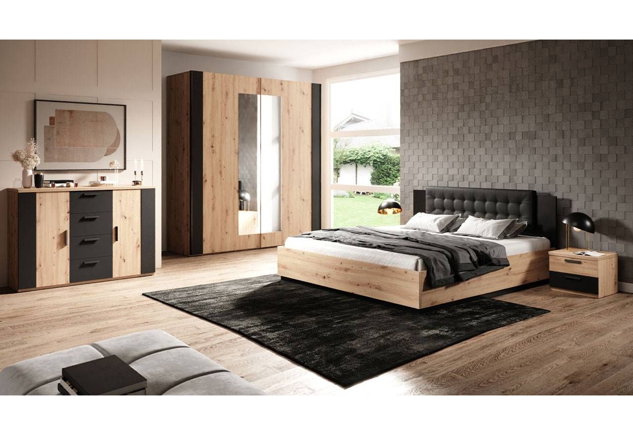 Elegancki zestaw mebli w nowoczesnym stylu do sypialni - SIROLO Dąb Artisan - Czarny Supermatt