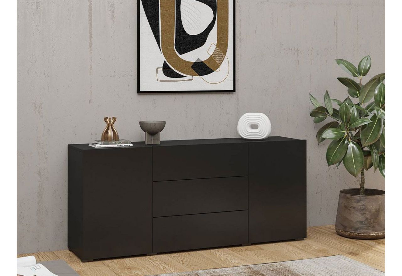 Elegancka komoda dwudrzwiowa w minimalistycznym stylu, uniwersalna - AVOLA Czarny / Czarny - dąb wotan