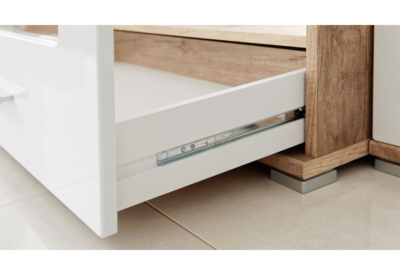 Meblościanka do kącika telewizyjnego, do salonu, z oświetleniem LED i frontami w połysku - KASHMIR Biały połysk / Dąb Monument