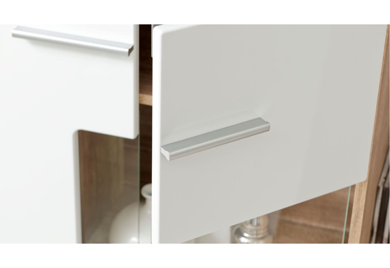 Meblościanka do kącika telewizyjnego, do salonu, z oświetleniem LED i frontami w połysku - KASHMIR Biały połysk / Dąb Monument