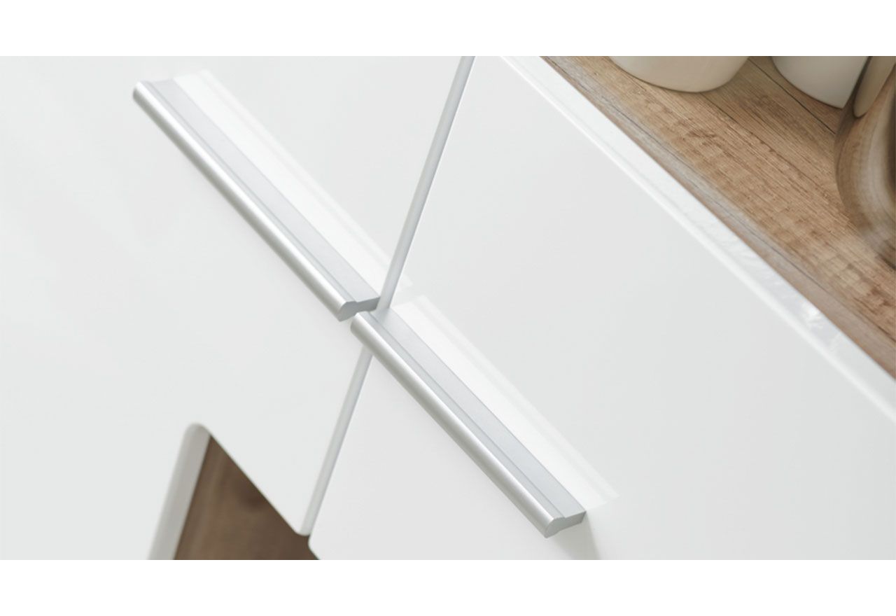 Meblościanka do kącika telewizyjnego, do salonu, z oświetleniem LED i frontami w połysku - KASHMIR Biały połysk / Dąb Monument