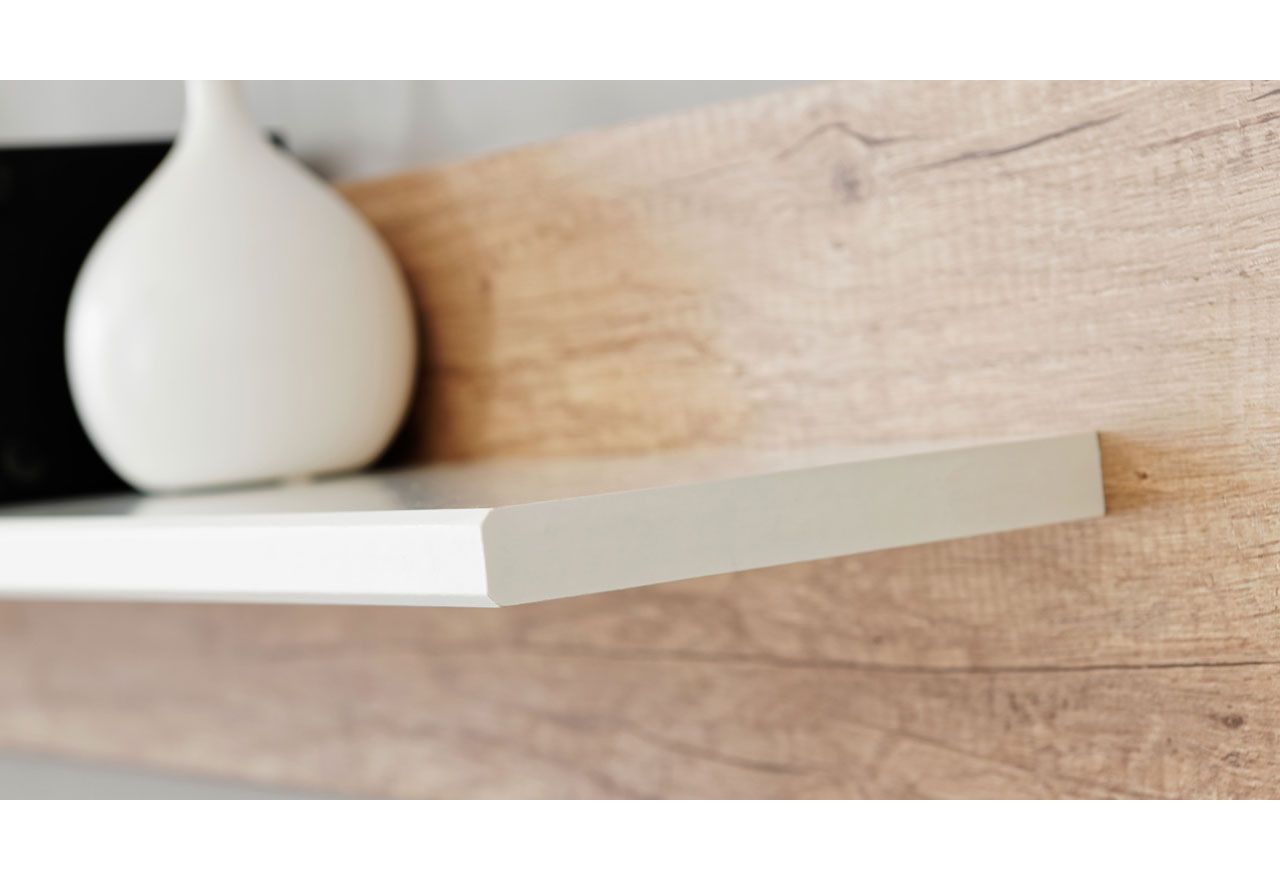 Meblościanka do kącika telewizyjnego, do salonu, z oświetleniem LED i frontami w połysku - KASHMIR Biały połysk / Dąb Monument