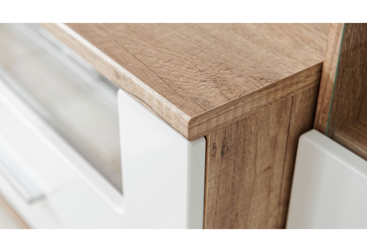 Meblościanka do kącika telewizyjnego, do salonu, z oświetleniem LED i frontami w połysku - KASHMIR Biały połysk / Dąb Monument