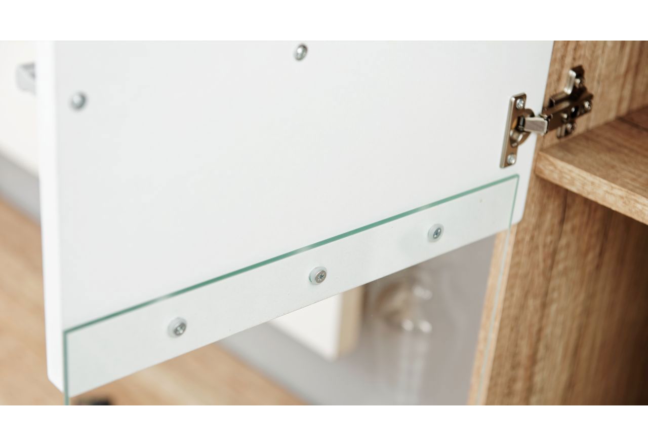 Meblościanka do kącika telewizyjnego, do salonu, z oświetleniem LED i frontami w połysku - KASHMIR Biały połysk / Dąb Monument